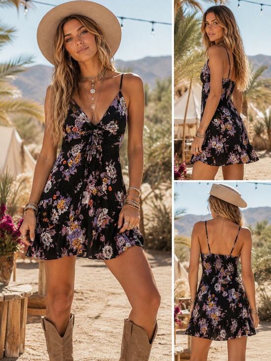 Free People Dresses & Skirts - Free People Black Floral Mini Dress Boho Ruched Tie Front Festival Babydoll S